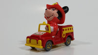 Vintage Tomy Walt Disney Production No. PD-2 Mickey Mouse Fireman Red and Yellow Plastic and Die Cast Metal Toy Car Fire Truck Firefighting Vehicle