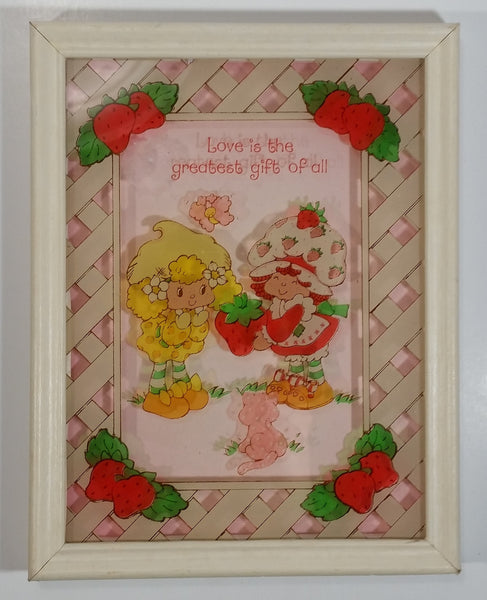 Vintage 1979 Strawberry Shortcake and Lemon Meringue "Love is the greatest gift of all" Wood Framed Stained Glass Picture 6 1/4" x 8"