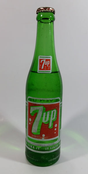 Vintage 1960s 7up Soda Pop 7 Fl. oz Green Glass Beverage Bottle Vancouver, BC Full Never Opened