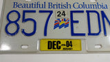 2004 Beautiful British Columbia White with Blue Letters Vehicle License Plate 857 EDN
