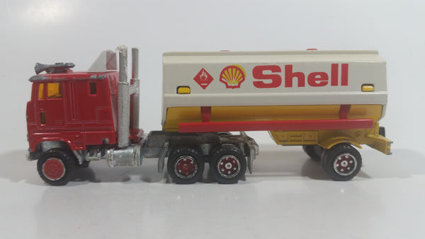 Vintage Majorette Shell Oil Fuel Tanker Trailer and Semi Tractor Truck Yellow , Red White Die Cast Toy Car Vehicle