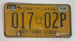 1988 Pennsylvania Keystone State Yellow with Blue Letters Vehicle License Plate 017 02P