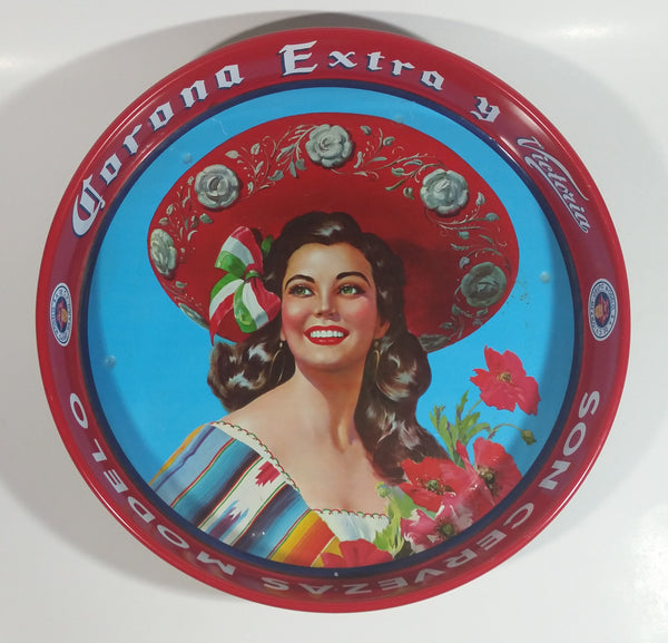 Vintage 1960s Corona Cervaza Extra Beer Victoria Girl Model Modelo Red Metal Beverage Tray 13" Diameter