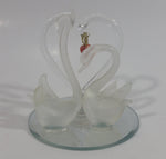 Frosted Glass Swans with Clear Heart and Pink Red Heart Pendant on Mirrored Circular Base Decorative Ornament