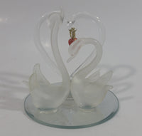 Frosted Glass Swans with Clear Heart and Pink Red Heart Pendant on Mirrored Circular Base Decorative Ornament