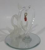 Frosted Glass Swans with Clear Heart and Pink Red Heart Pendant on Mirrored Circular Base Decorative Ornament