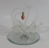 Frosted Glass Swans with Clear Heart and Pink Red Heart Pendant on Mirrored Circular Base Decorative Ornament