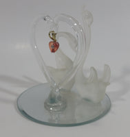 Frosted Glass Swans with Clear Heart and Pink Red Heart Pendant on Mirrored Circular Base Decorative Ornament