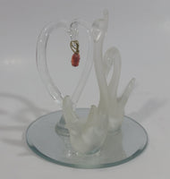 Frosted Glass Swans with Clear Heart and Pink Red Heart Pendant on Mirrored Circular Base Decorative Ornament