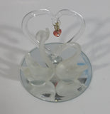 Frosted Glass Swans with Clear Heart and Pink Red Heart Pendant on Mirrored Circular Base Decorative Ornament