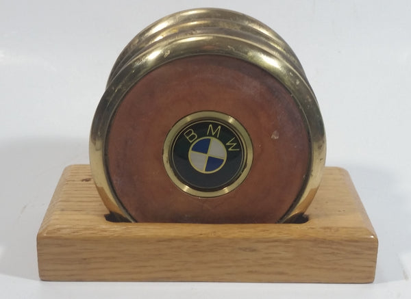 Rare Vintage BMW Leather and Brass Cork Bottomed Drink Coasters in Wooden Holder