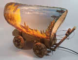 Beautiful Vintage Plastic Covered Nature Scenes Elk and Forest Wooden Chuck Wagon Lamp Light