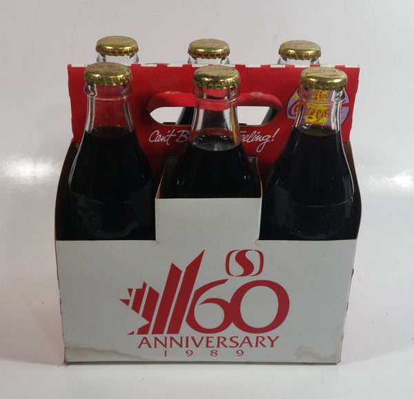 1989 Safeway 60th Anniversary Coca-Cola Classic Soda Pop 6-Pack of Full Never Opened 8 oz. Embossed Logo Glass Bottles with Paper Carrier