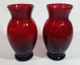 Set of 2 Vintage 1950s Anchor Hocking Ruby Red Glass Etched Flower Vase 6 1/4 inch Tall