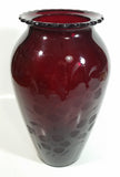 Vintage 1950s Anchor Hocking Etched Flowers and Leaves Ruby Red Glass Vase 9" Tall