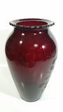 Vintage 1950s Anchor Hocking Etched Flowers and Leaves Ruby Red Glass Vase 9" Tall