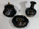 Vintage Otagiri Japan OMC Gold Trimmed Dark Blue Peacock Birds and Flower Themed Porcelain Jar, Plate, and Vase Set