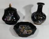 Vintage Otagiri Japan OMC Gold Trimmed Dark Blue Peacock Birds and Flower Themed Porcelain Jar, Plate, and Vase Set