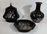 Vintage Otagiri Japan OMC Gold Trimmed Dark Blue Peacock Birds and Flower Themed Porcelain Jar, Plate, and Vase Set