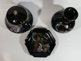Vintage Otagiri Japan OMC Gold Trimmed Dark Blue Peacock Birds and Flower Themed Porcelain Jar, Plate, and Vase Set
