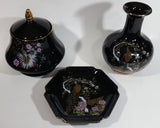Vintage Otagiri Japan OMC Gold Trimmed Dark Blue Peacock Birds and Flower Themed Porcelain Jar, Plate, and Vase Set