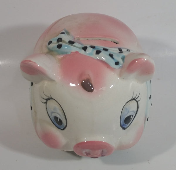 Vintage Lefton 745N Pink Pottery Pig Shaped Piggy Coin Bank