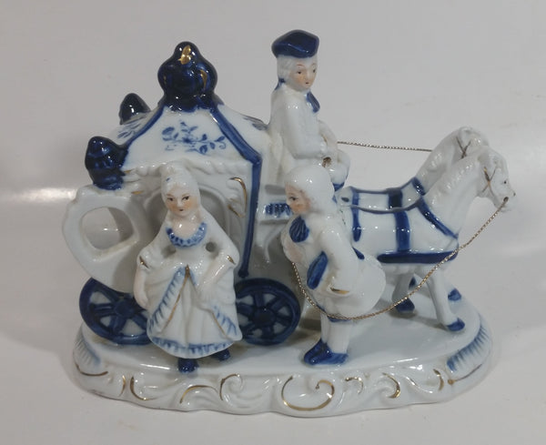 Vintage Horse Drawn Stage Coach Carriage Blue and White Porcelain Victorian Style Decorative Ornament