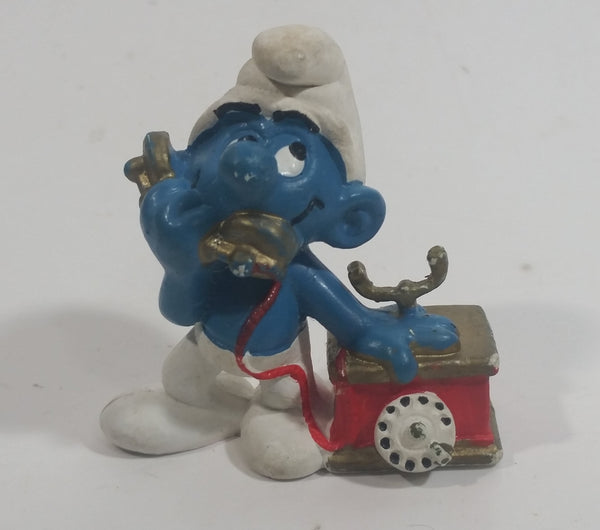 Vintage 1983 Peyo Smurf Character Talking on a Retro Rotary Red Telephone PVC Toy Figure