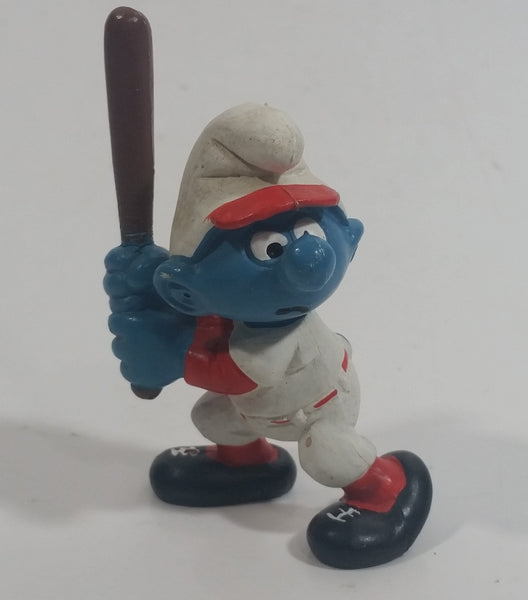 Vintage 1980 Peyo Smurf Character Baseball Player Holding Bat PVC Toy Figure