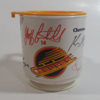 1990s CKNW/98 Vancouver Canucks NHL Ice Hockey Team with Player Autographs White and Yellow Plastic Coffee Mug Chevron Gas Station Promotional Item