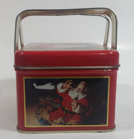 1993 Coca Cola Coke Soda Pop Christmas Santa Themed Picnic Basket Tin Metal Container with Handles