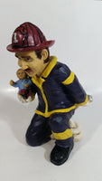 Fireman Firefighter Holding A Young Child Heavy Wine Bottle Holder Sculpture 9 1/2" Tall