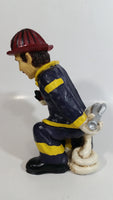 Fireman Firefighter Holding A Young Child Heavy Wine Bottle Holder Sculpture 9 1/2" Tall