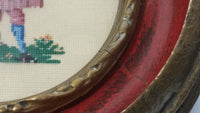 Set of 2 Rare Antique Hudson's Bay Company Needlepoint Victorian Man and Woman Hand Carved Dovetail 4 Section Circular Wooden Frames