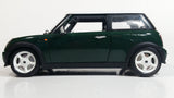 2001 Burago Mini Cooper Dark Green with White Roof 1/18 Scale Die Cast Toy Car Vehicle with Opening Doors, Hood, and Hatch Made in Italy