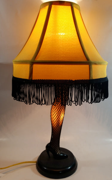 Vintage Style "A Christmas Story" Movie Film Las Vegas Burlesque Styled 20" Tall Leg Lamp with Fish Net Stocking and Yellow Shade with Black Frill