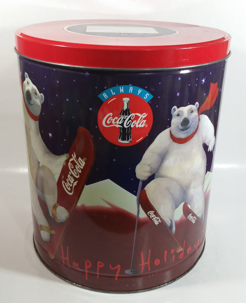 1995 Always Coca-Cola Coke Soda Beverage Happy Holidays Polar Bear Doing Winter Sports Flavored Popcorn 11" Tall Tin Metal Canister