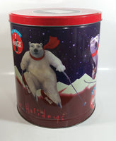 1995 Always Coca-Cola Coke Soda Beverage Happy Holidays Polar Bear Doing Winter Sports Flavored Popcorn 11" Tall Tin Metal Canister