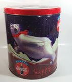 1995 Always Coca-Cola Coke Soda Beverage Happy Holidays Polar Bear Doing Winter Sports Flavored Popcorn 11" Tall Tin Metal Canister