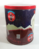 1995 Always Coca-Cola Coke Soda Beverage Happy Holidays Polar Bear Doing Winter Sports Flavored Popcorn 11" Tall Tin Metal Canister