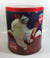 1995 Always Coca-Cola Coke Soda Beverage Happy Holidays Polar Bear Doing Winter Sports Flavored Popcorn 11" Tall Tin Metal Canister