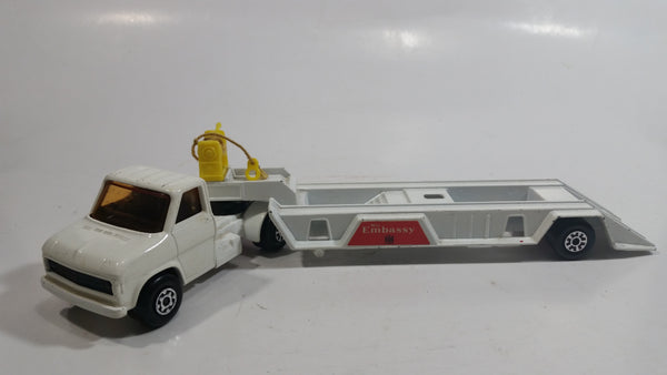 Vintage 1977 Lesney Matchbox Super Kings K-27 Ford 'A' Series "Miss Embassy" Semi Tractor Trailer Speed Boat Hauler Truck White Die Cast Toy Car Vehicle Made in England