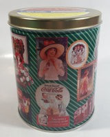 1995 Coca-Cola Coke Soda Pop Drink Beverage "World of Coke" Coke Girls with Flowers Green Round Tin Metal Canister Collectible with Carriage Trade Mini Twist Pretzel Sticker Still On The Lid