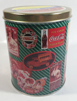 1995 Coca-Cola Coke Soda Pop Drink Beverage "World of Coke" Coke Girls with Flowers Green Round Tin Metal Canister Collectible with Carriage Trade Mini Twist Pretzel Sticker Still On The Lid