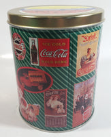 1995 Coca-Cola Coke Soda Pop Drink Beverage "World of Coke" Coke Girls with Flowers Green Round Tin Metal Canister Collectible with Carriage Trade Mini Twist Pretzel Sticker Still On The Lid