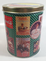 1995 Coca-Cola Coke Soda Pop Drink Beverage "World of Coke" Coke Girls with Flowers Green Round Tin Metal Canister Collectible with Carriage Trade Mini Twist Pretzel Sticker Still On The Lid