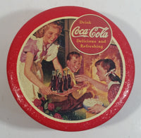 Coca-Cola Coke Soda Pop Drink Beverage Kids by Fireplace Scene Red Small Round Tin Metal Canister