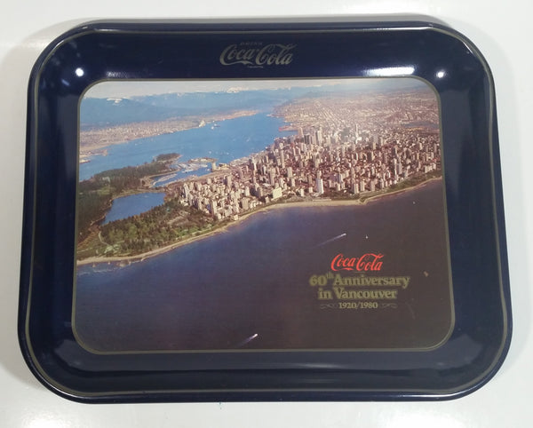 Vintage 1980 60th Anniversary of Coca-Cola in Vancouver 1920-1980 Aerial Shot of Downtown Vancouver and Part of Stanley Park Official Blue Metal Beverage Tray