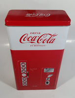 1999 Coca-Cola Coke Soda Pop Red and White Vending Machine Shaped 10" Tall Tin Metal Container