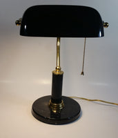 Vintage Curved Black Glass on Brass Black Marble Base and Pillar Bankers Desk Lamp 15" Tall